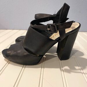 🍂 DELMAN Black Leather Peep Toe Block High Heels Women 8 4.5”‎ heels